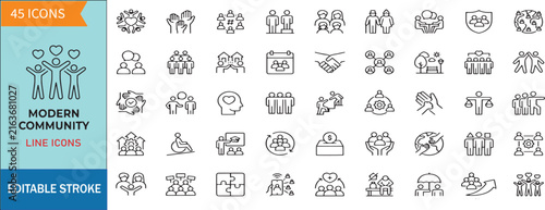 Modern Community Line Icon Set, Teamwork, Social Network, Inclusion and Diversity Thin Line Icons Vector Illustration