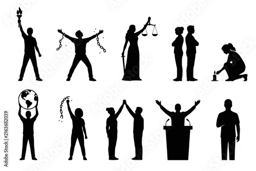 Bild auf Leinwand Human Rights Activist Silhouette Vector Icon Set Isolated Freedom Justice Torch