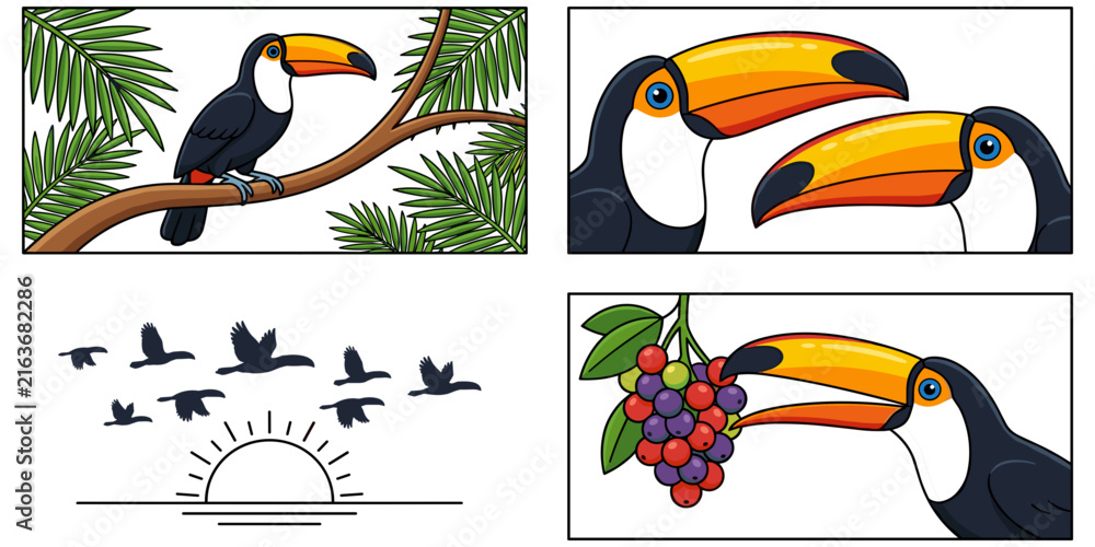 Naklejka premium Tropical toucan bird cartoon vector set with jungle leaves and sunset