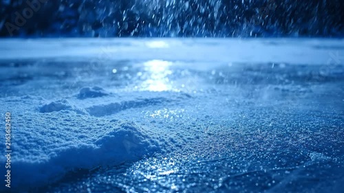 Cold Winter Landscape of Snow Drifting Across a Frozen Lake Surface at Twilight