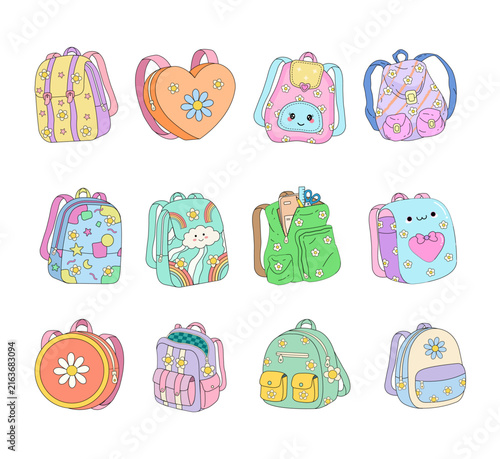 Girly pastel school backpack supplies, Vector Illustration