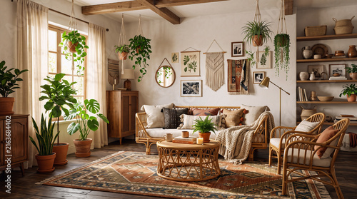 Cozy bohemian living room interior design featuring rattan furniture and lush green plants
