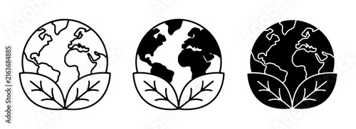Eco-friendly Earth icons, planet globe with leaves, environmental conservation symbols, green energy, sustainability vector graphics