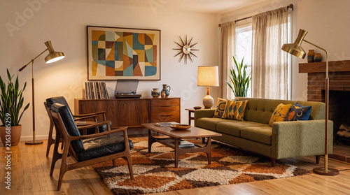 Cozy mid-century modern living room interior with retro wood furniture and warm lighting