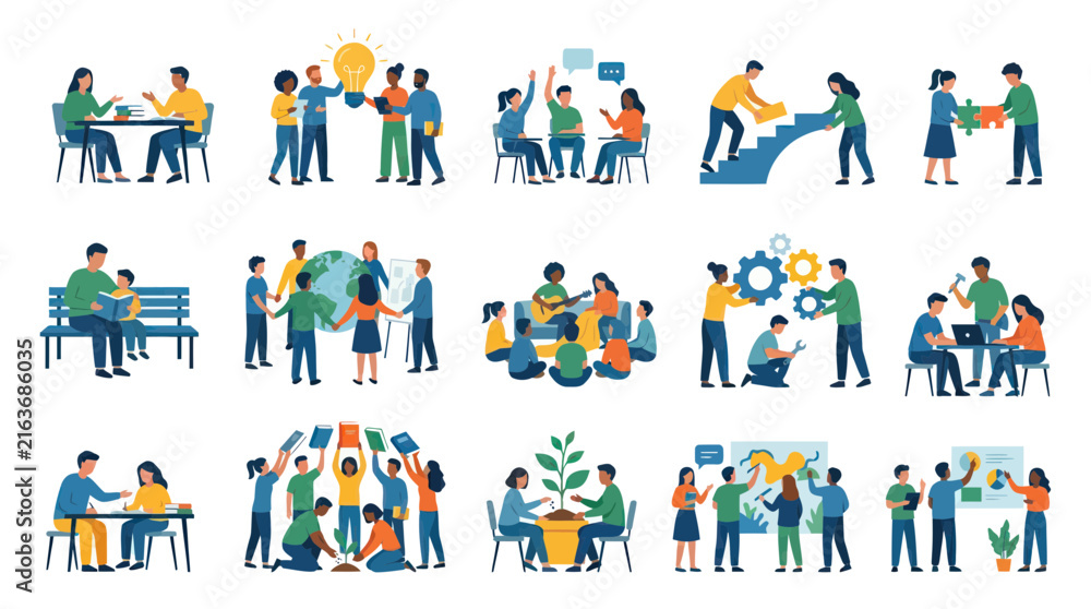 Fototapeta premium Flat Style Vector Icons: Teamwork, Education, Growth, and Collaboration Scenes