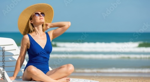 Woman in blue swimsuit and straw hat relaxing on a beach lounge chair