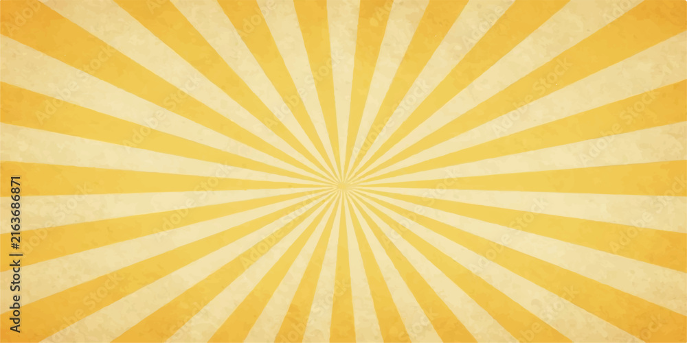 Fototapeta premium Grunge Retro Sunburst Background with Orange and Yellow Rays, Vintage Radial Light Burst, Distressed Paper Texture, Summer Sunrise Vector Illustration Pattern