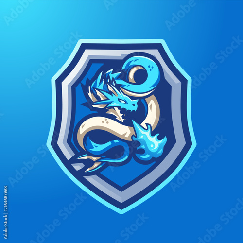 Фотография Vector graphic illustration of a blue leviathan mascot esports logo inside a shield badge, isolated on blue background in a modern gaming emblem style