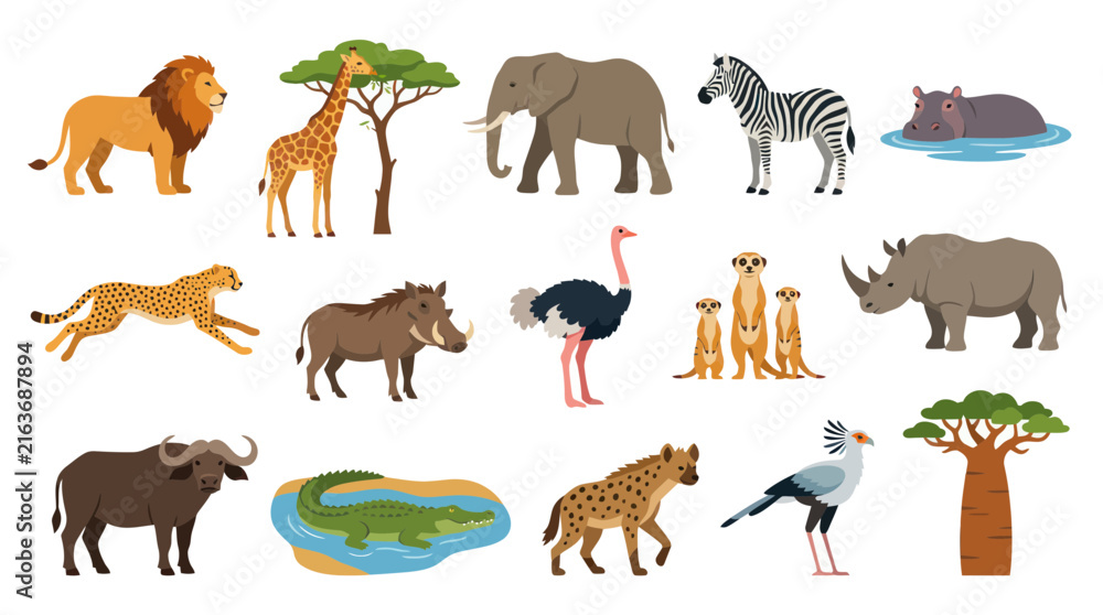 Naklejka premium African Safari Animals Flat Vector Illustration - Wildlife Collection