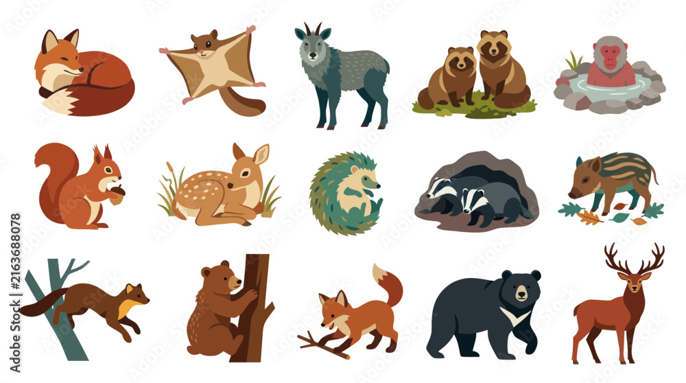 Obraz premium Flat Vector Illustration of Forest Animals: Fox, Deer, Bear, Squirrel, Hedgehog