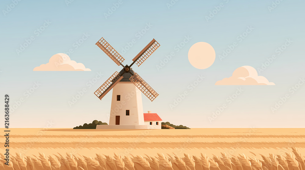 Fototapeta premium A traditional stone windmill stands in the middle of a golden wheat field under a clear blue sky with a bright sun and soft clouds