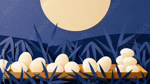 Paper cut landscape featuring harvest moon above quiet village garden at night with layered leaves and glowing pale pumpkin harvest