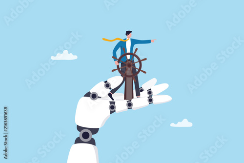 Human to control AI artificial intelligence on the right direction, governance or ethics to oversight how AI will think, verification or responsibility, businessman with rudder helm control AI hand.