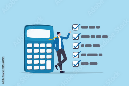 Financial checklist, tax audit or accounting task list, money todo list or budget calculation, investment assessment compliance list, debt or profit, businessman calculator and completion checklist.