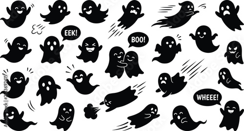 Collection of black and white ghost silhouettes with various facial expressions and poses including speech bubbles with text like b o and e k and w h e on a plain white background