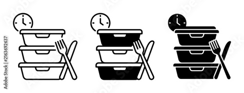 Meal Prep Icons, Stacked Food Containers with Clock and Cutlery, Healthy Eating and Time Management Graphics