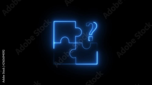 Glowing neon Problem Solving puzzle icon and question mark animation on a black background.4k motion graphics video