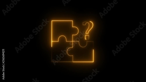 Glowing neon Problem Solving puzzle icon and question mark animation on a black background.4k motion graphics video