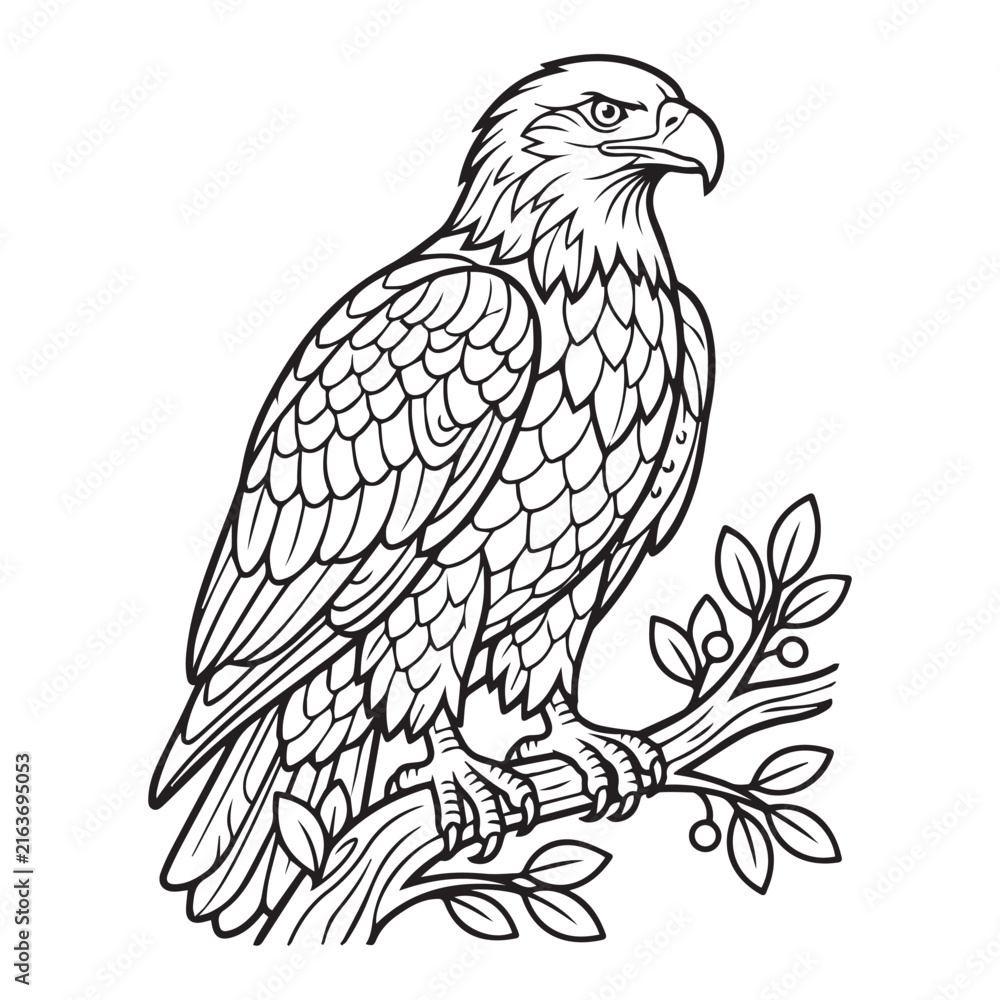 Fototapeta premium Majestic Eagle Perched on a Branch Isolated on White Background, Wildlife Bird Vector Illustration with Detailed Feathers, Sharp Beak and Powerful Predator Portrait