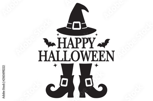Black silhouette of witch hat boots and halloween text on white background