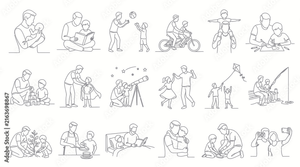 Fototapeta premium Black and White Line Art of Father and Child Activities, Parenting, and Family Bonding Moments