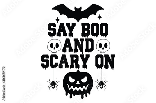 Halloween silhouettes featuring a bat pumpkin spiders and spooky text on white