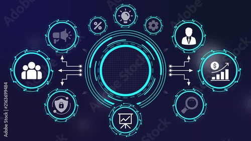 abstract business processes and data flow for modern corporate payroll solutions. digital payroll management system with business icons and futuristic ui elements.