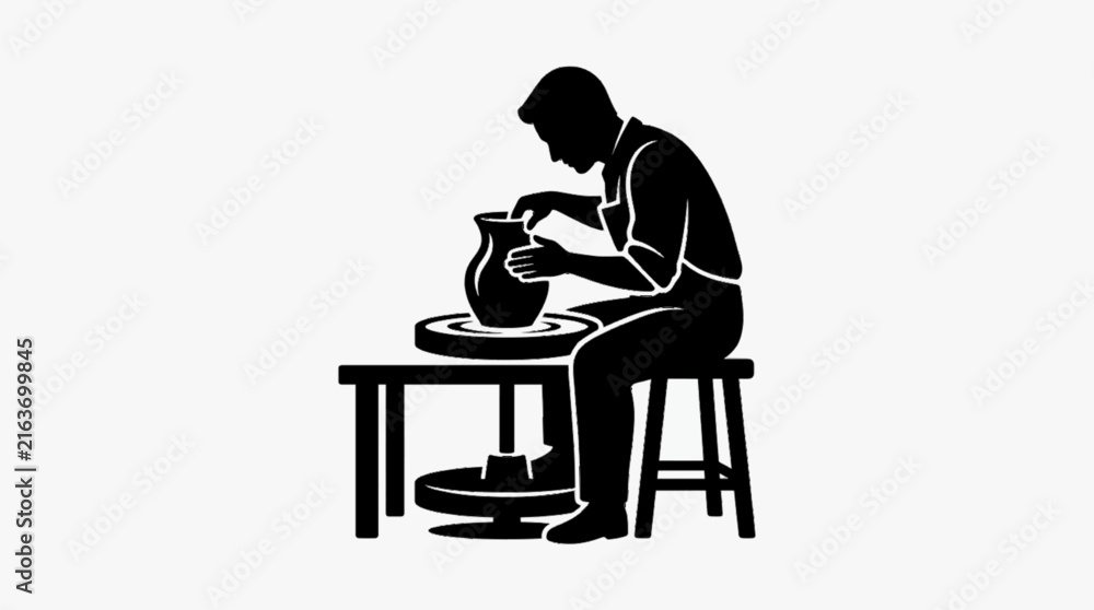 Fototapeta premium Potter Making Handmade Ceramic Vessel on Pottery Wheel Silhouette
