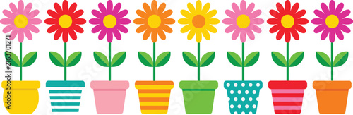 Row of eight colorful daisy flowers in various patterned and solid colored pots isolated on a white background 1