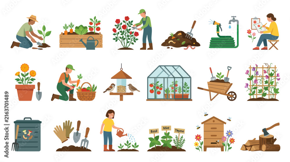 Naklejka premium Gardening Flat Vector Illustration Set with Gardeners, Tools, Plants, Greenhouse, and Outdoor Hobbies