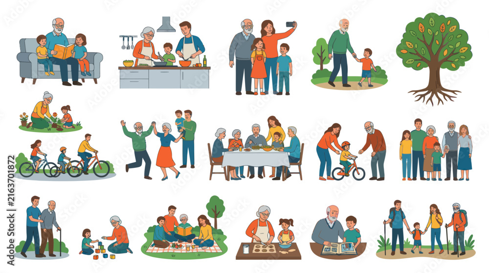 Fototapeta premium Happy Family Generations Enjoying Activities Together - Flat Illustration Style