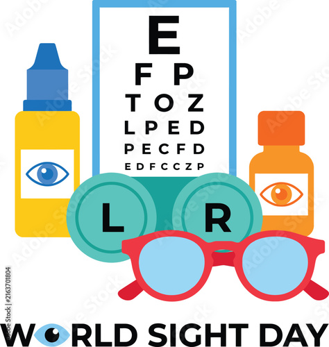 Sight day featuring an eye chart with letters eye drops a contact lens case and red eyeglasses on a white background