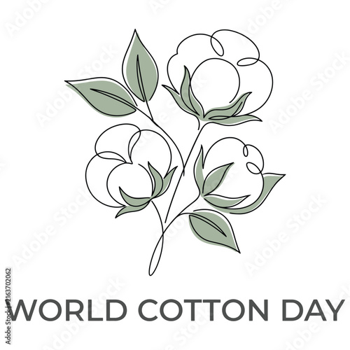 Single line of a cotton plant branch with three fluffy bolls and sage green leaves accompanied by the text cotton day in a simple sans serif font on a white background