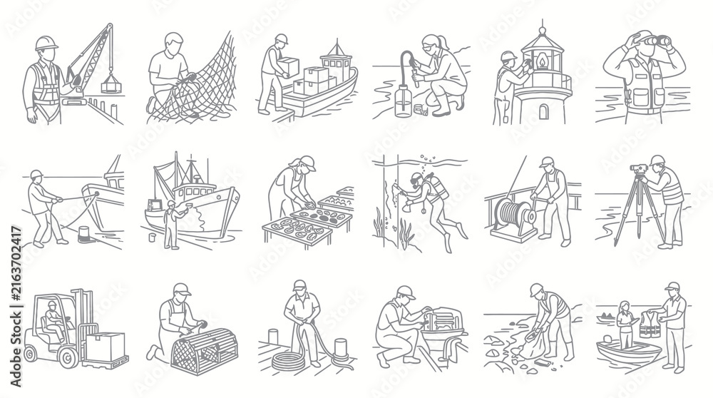 Naklejka premium Maritime Industry Jobs Line Art Collection: Coastal Workers Nautical Professions Icons