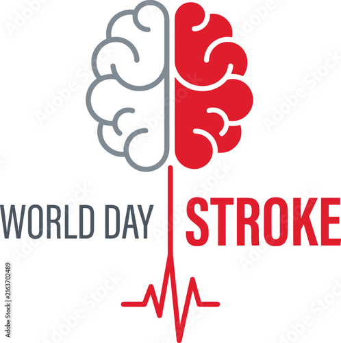 Stroke day featuring a split grey and red human brain connected to a red heartbeat line on a white background