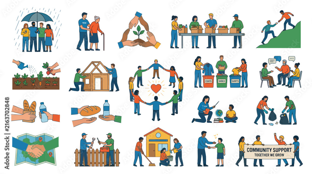 Fototapeta premium Flat Style Icons of Community Support, Volunteering, and Helping Hands