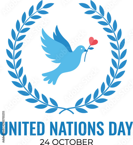 United nations day featuring a blue dove carrying a red heart inside a circular laurel leaf wreath with text 24 october below the bird on a white background