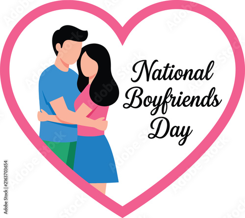 Young couple hugging inside a large pink heart frame with the text national boyfriends day written in black cursive script on a white background