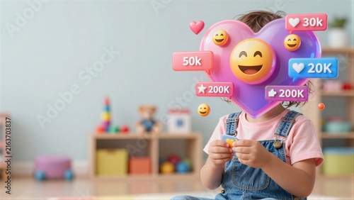Child engrossed in smartphone, social media icons float above their head.