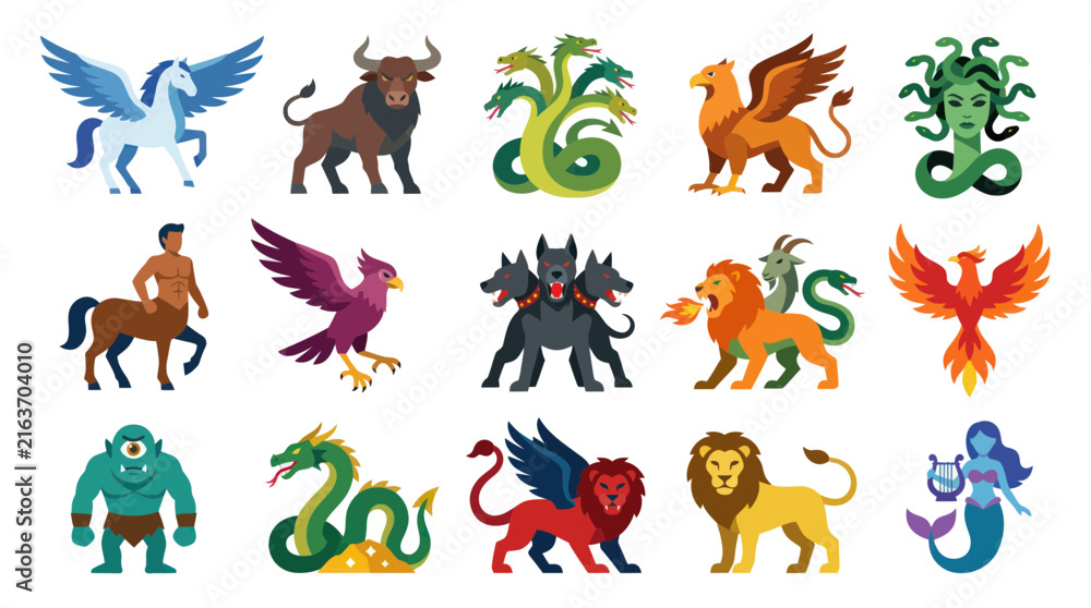 Obraz premium Flat Design Mythology Creatures Icons Set. Collection of Legendary Animals and Fantasy Monsters in Simple Style