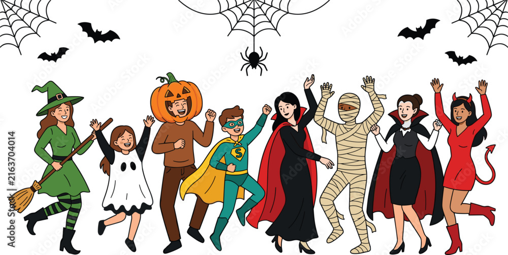 Fototapeta premium happy people in spooky halloween costumes dancing together with bats and spider web background
