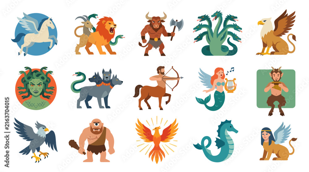 Obraz premium Mythology Creatures Flat Vector Icons Set. Ancient Greek Mythical Monsters and Fantasy Beast Collection.
