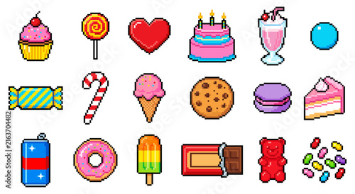 Fotografía Cute pixel candy snack set with cupcake, donut and chocolate or cookie