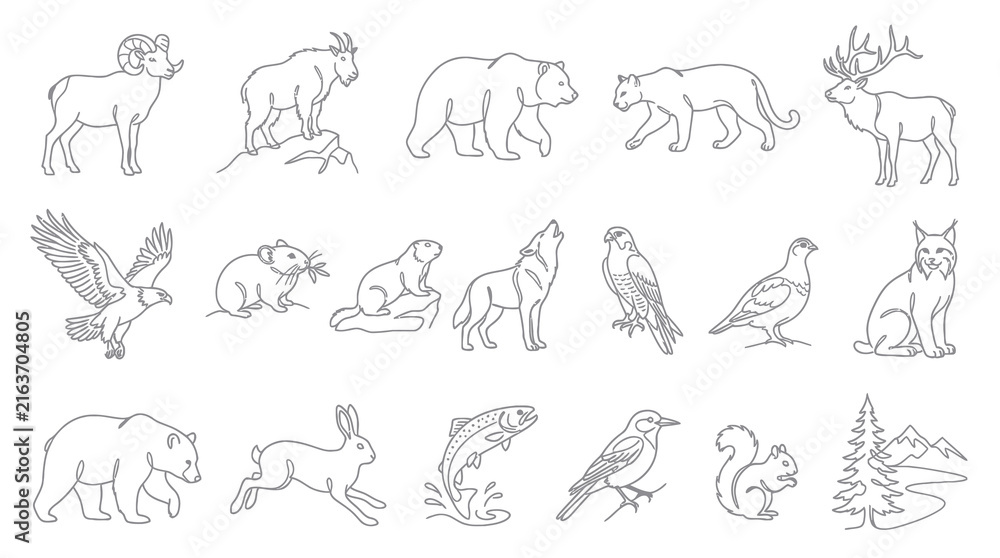 Obraz premium Black and White Line Art Forest Animals and Birds Vector Collection