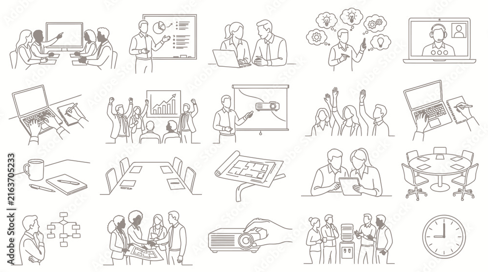 Fototapeta premium Business Office Concepts Black and White Line Art Icons: Meetings, Teamwork, Presentations Digital Work