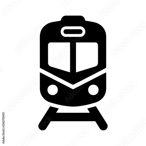 Black and white vector icon of a front view modern passenger train locomotive with transport locomotive commuter