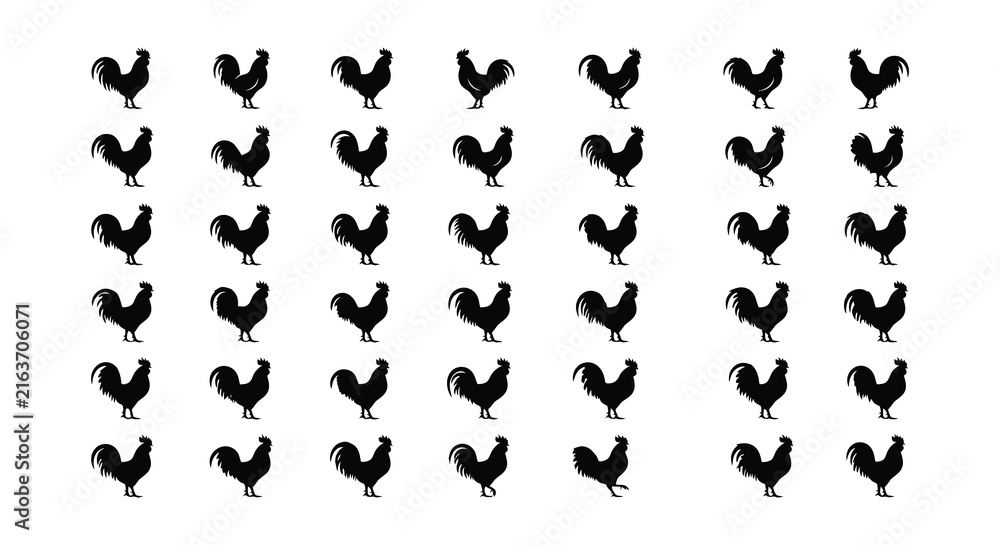 Obraz premium Black rooster silhouettes arranged in a repeating vector pattern on white