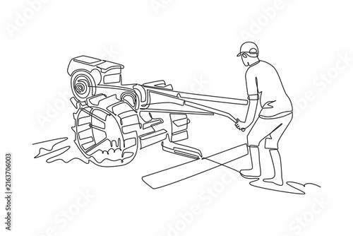 Continuous one line drawing young man operating a hand walking tractor in muddy agricultural field. Rural farming, soil cultivation, agrarian labor. Single line draw design vector graphic illustration