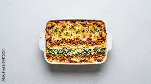 Layered lasagna with meat and spinach in a white casserole dish  