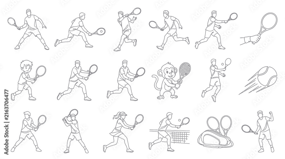 Obraz premium Tennis Player Line Art Black and White Vector Icons Set